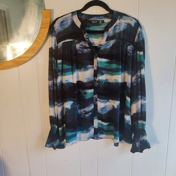 Simply Vera, Vera Wang Rayon Sheer Shirt. Abstract Ocean Blue Print. Button Up M - Picture 2 of 8